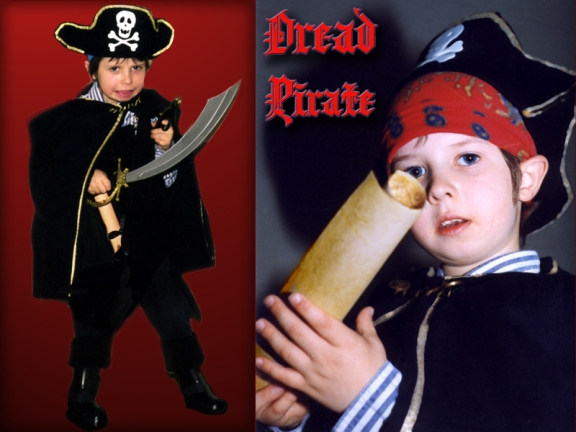Two photos, one a head and shoulders shot and the other a full body shot of the pirate costume.ostume