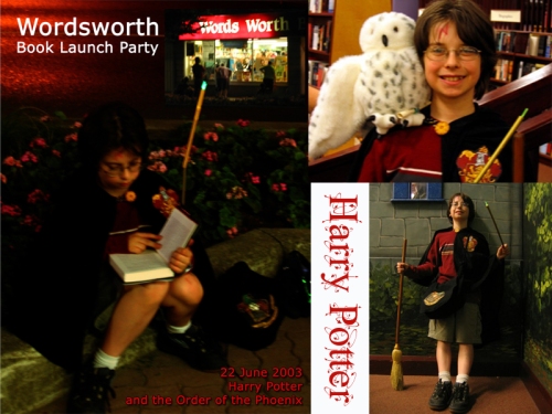Left: sitting outside Wordsworth, reading the new book; right top, with Hagrid, bottom, full costume